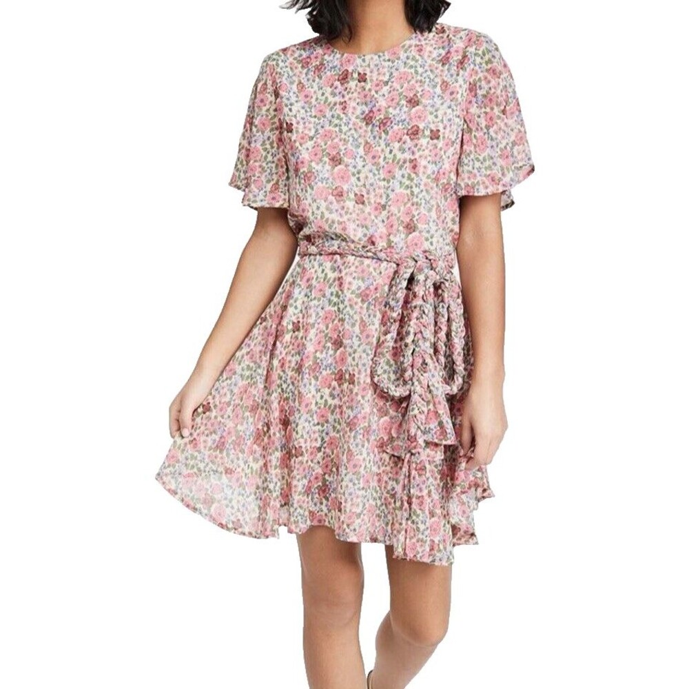 French Factory Large Floral Mini Belted Dress Flutter Sleeves